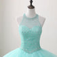 Cute green round neck tulle beads long prom dress, sweet 16 dress M4885