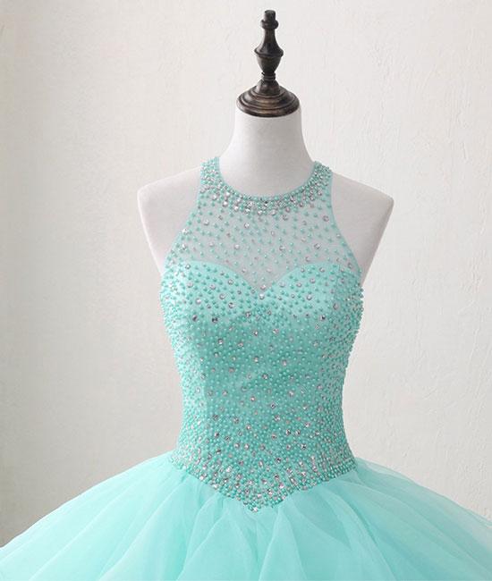 Cute green round neck tulle beads long prom dress, sweet 16 dress M4885