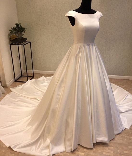 White round neck satin long prom gown, evening dress M4828