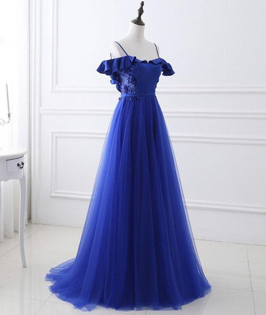 Blue tulle off shoulder long prom dress, blue evening dress M4783