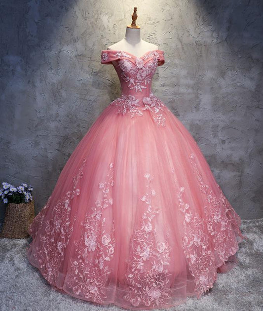 Pink sweetheart tulle lace applique long prom gown, sweet 16 dress M4808