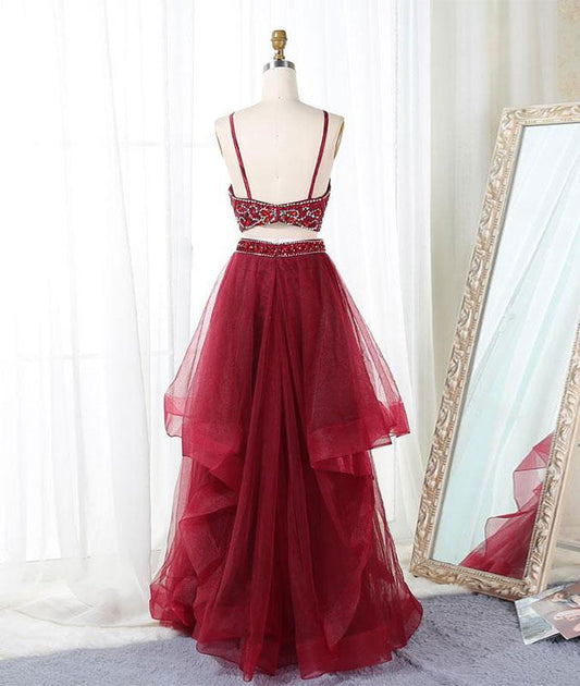 Burgundy two pieces beads long prom dress, burgundy evening dress M4850