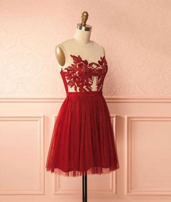 Burgundy tulle lace short prom dress, burgundy homecoming dress M4873