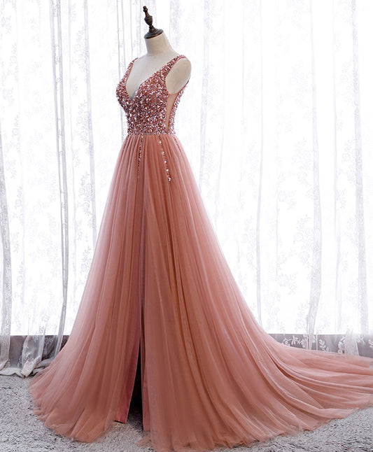 Pink v neck tulle sequin long prom dress pink formal dress M4932