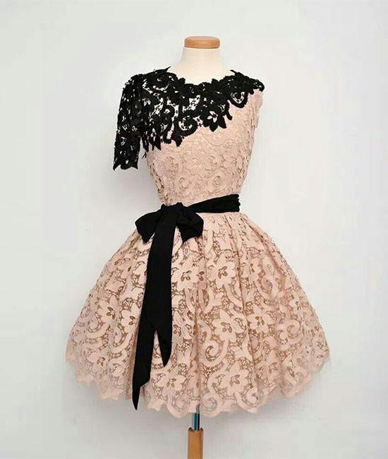 Champagne lace short prom dress, homecoming dress M4899