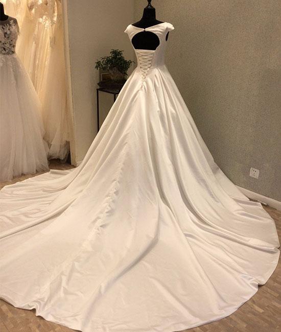 White round neck satin long prom gown, evening dress M4828