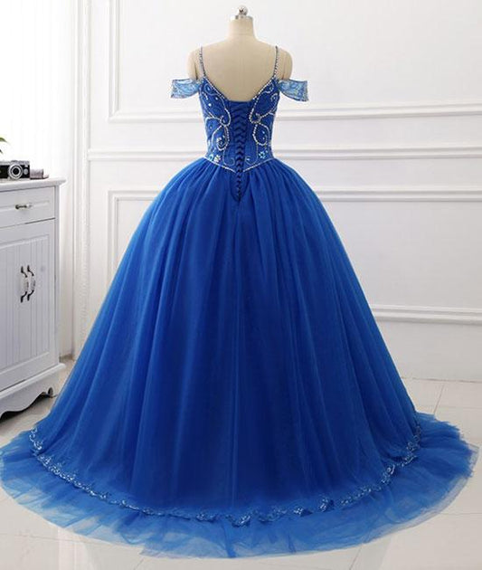 Blue sweetheart beads sequin long prom gown, blue evening dress M4807