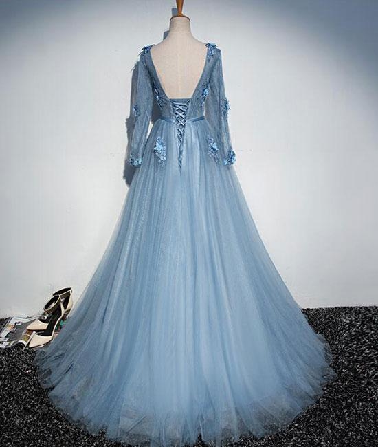 Blue v neck tulle lace long prom dress, tulle evening dress M4879