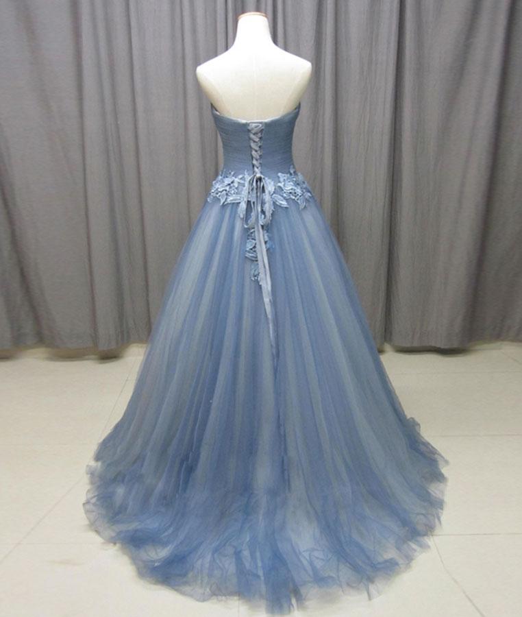 Simple gray blue tulle lace applique long prom dress, tulle evening dress M4853