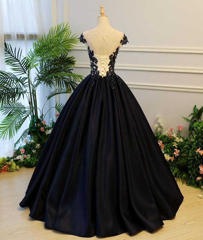 Black round neck satin long prom gown, black evening dress M4819