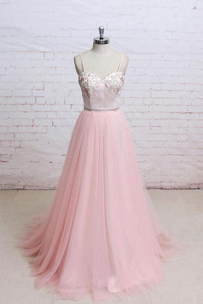 Spaghetti Straps Pink Lace Flora Tulle Sweetheart Backless Wedding Dress,Prom Dress M1406