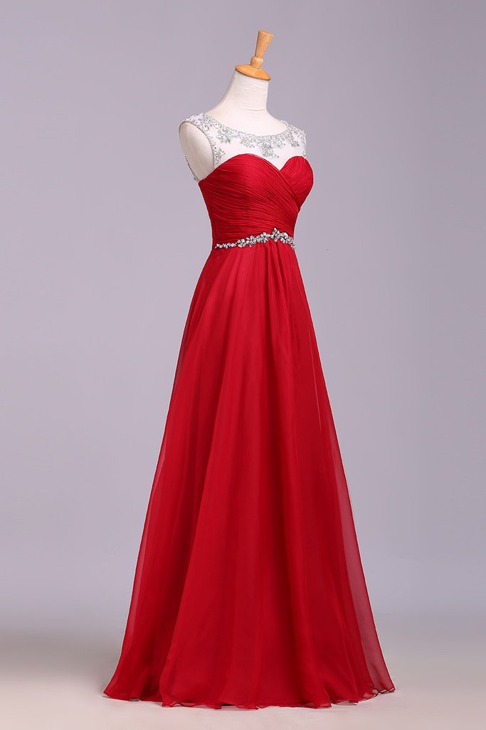 Red Floor Length Chiffon Prom Dress with Crystals, A Line Pleated Evening Dress M1506