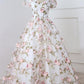 Short Sleeves V Neck Pink 3D Flower White Long Prom Dress, V Neck White Formal Evening Dress with Pink Appliques M2695