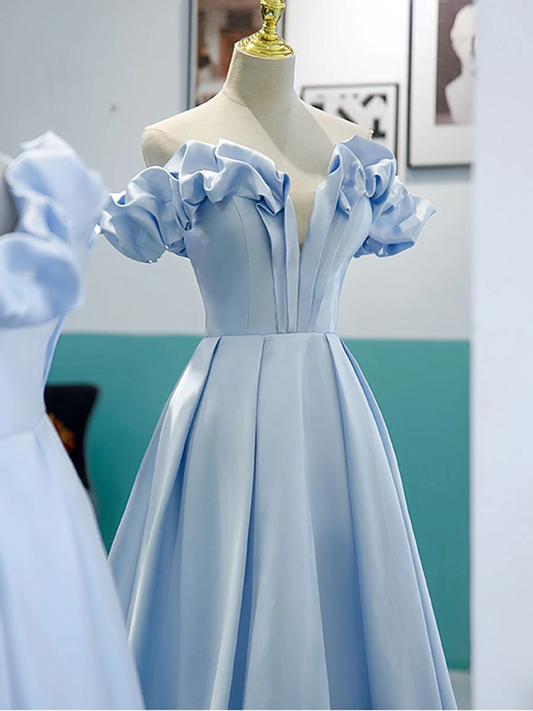 Blue A-line off shoulder long prom dress, formal dresses, blue evening dress M5862