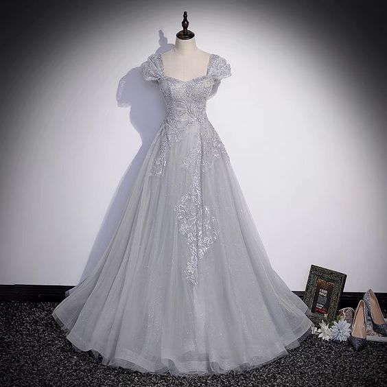 Gray tulle lace long prom dress A line evenig gown M5899