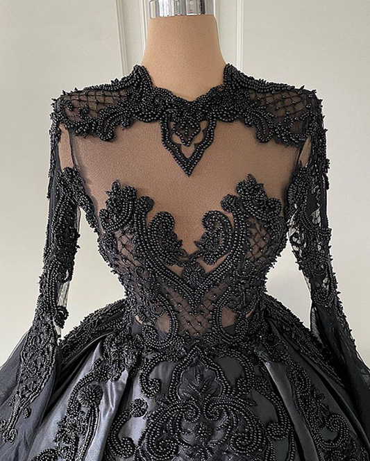 Ball Gown Black Long Sleeves Lace Prom Dresses,Beading Formal Evening Dresses M5454