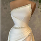 Graceful Ivory Satin Strapless Pleats With Pearls A-line Evening Gowns Prom Dresses M5898