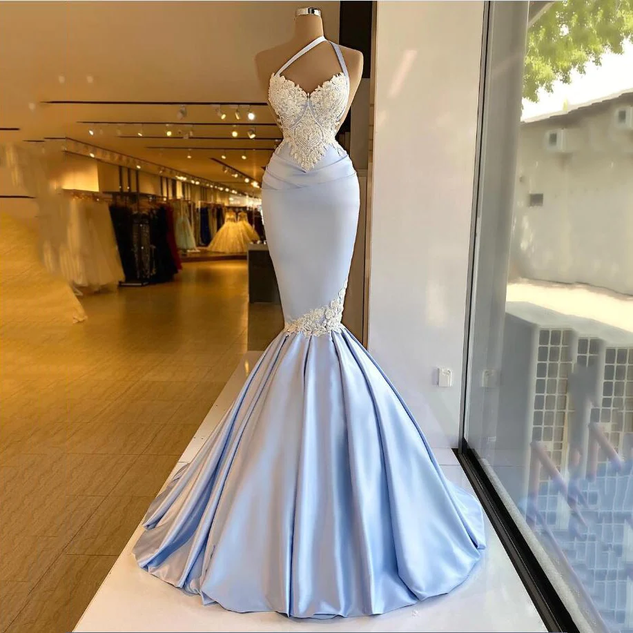 Light Blue Mermaid Evening Dress Sexy One Shoulder Applique Soft Satin Fishtail Prom Dresses Long Party Gown Plus Size,MD1500