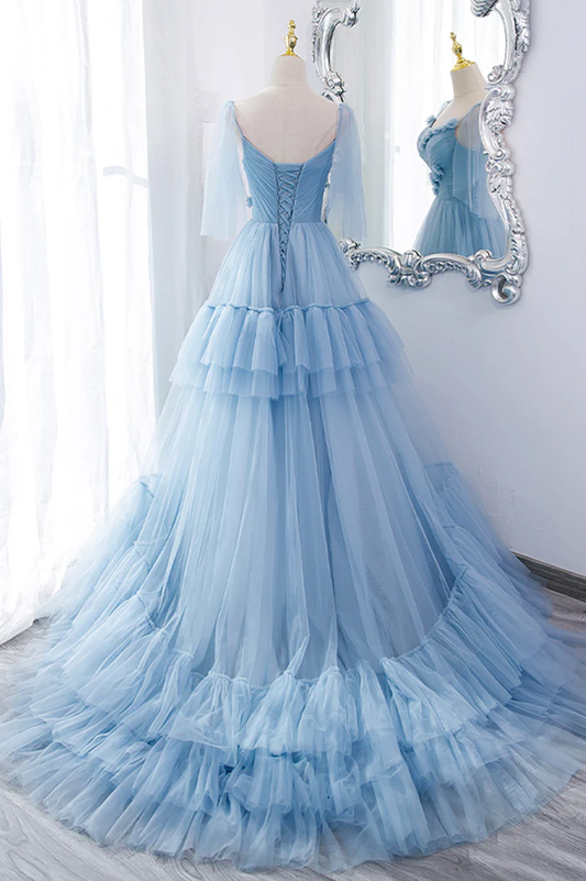 Blue tulle long prom dress A line evening dress,BL2154