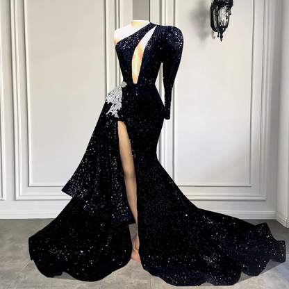 Elegant One Shoulder Single Long Sleeve Prom Dresses 2023 Sexy Mermaid Style Sparkly Black Sequin Women Prom Gala Gowns,MD6916