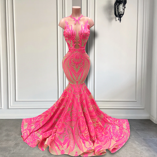 Hot Pink Long Prom Dresses 2023 Sexy Sheer O-neck Sleeveless Sparkly Sequin Black Girl Prom Party Gowns,MD6917