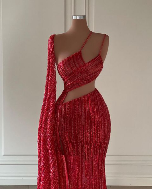 Long Evening Dresses 2022 Sexy High Slit Red Sequin Floor Length African Women Formal Party Evening Gowns,MD6921