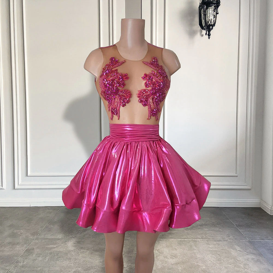 Elegant Sheer O-neck Beaded Crystals Women Cocktail Gowns A-line Hot Pink Black Girls Short Prom Dresses 2022 For Birthday Party,MD6953
