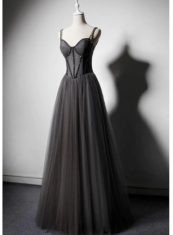 Dark Grey Tulle Straps Long Beaded Party Dress, Grey Long Formal Dresses,MD7019