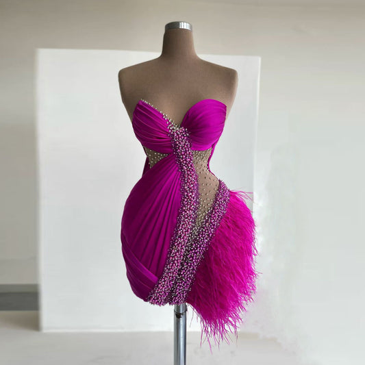 Haute Couture Short Prom Party Dress with Feathers Heavy Beading Sweetheart Mini Cocktail Gowns Women Sexy Short Birthday Dress,MD7070