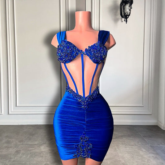 Sheer Short Prom Dress Sweetheart Beaded Crystals Royal Blue Cocktail Dresses 2022 For Women Birthday Party,MD6951