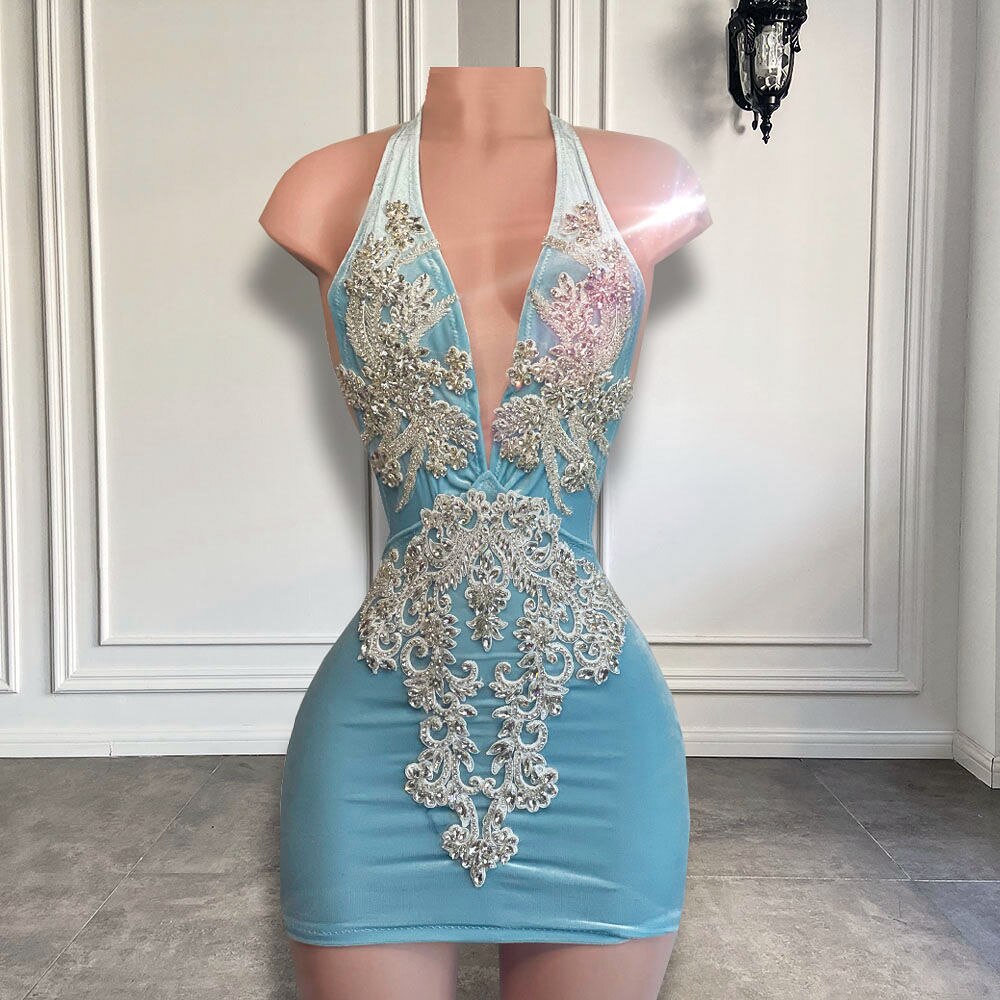 New Arrival V-neck Sleeveless Sparkly Silver Beaded Women Birthday Party Gowns Light Blue Short Prom Dresses 2022,MD6975