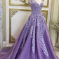 A Line V Neck Purple Long Prom Dresses with Lace Appliques, V Neck Purple Formal Evening Dresses,MD7157
