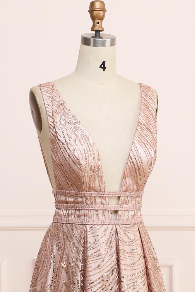 A Line Deep V Neck Long Prom Dress with Sequins, Glitter Sleeveless Evening Dress M1825