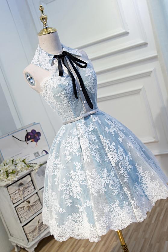 Light Sky Blue Halter Homecoming Dress with Lace Appliques, Cute Short Formal Dress M1733