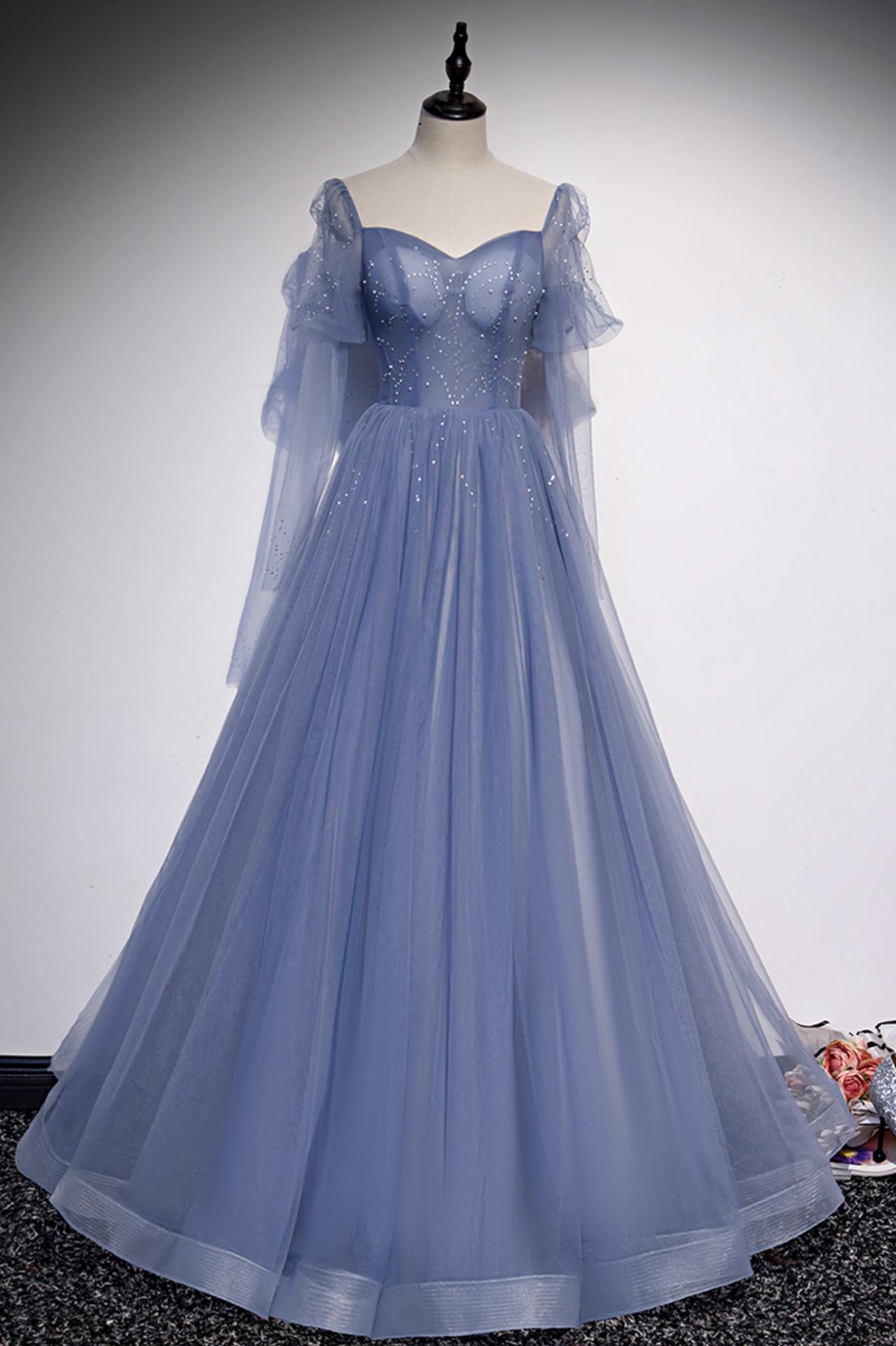 Blue tulle long prom dress A line evening dress M5194