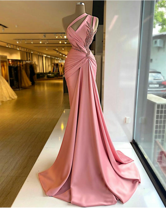 pink prom dresses, pleats prom dresses, pearls prom dresses, pleats prom dresses satin prom dresses, arabic prom dresses, evening gowns,MD6579
