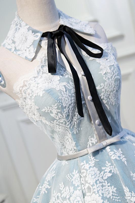 Light Sky Blue Halter Homecoming Dress with Lace Appliques, Cute Short Formal Dress M1733